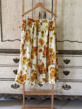 Dries Van Noten floral  A-Line Midi Skirt in White, Green and Mustard.